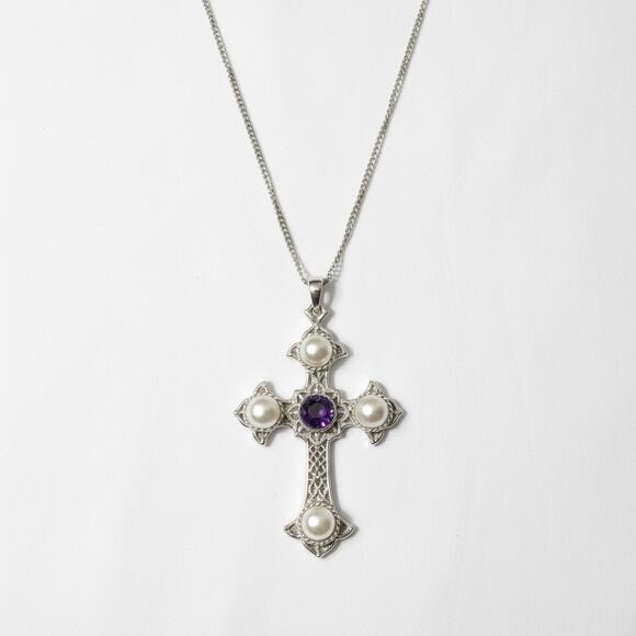 Sarah Coventry Jewelry - Vintage Sarah Coventry Cross Necklace Faux Pearl Purple Cabochon Silver Tone